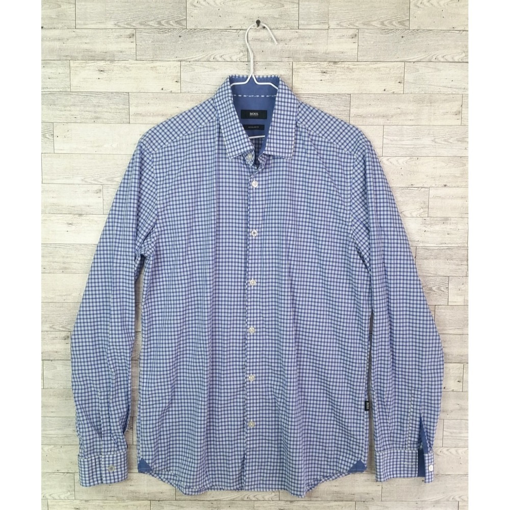 Hugo Boss Button Down Plaid Check Shirt Dress Shirt Long Sleeve Size M Blue